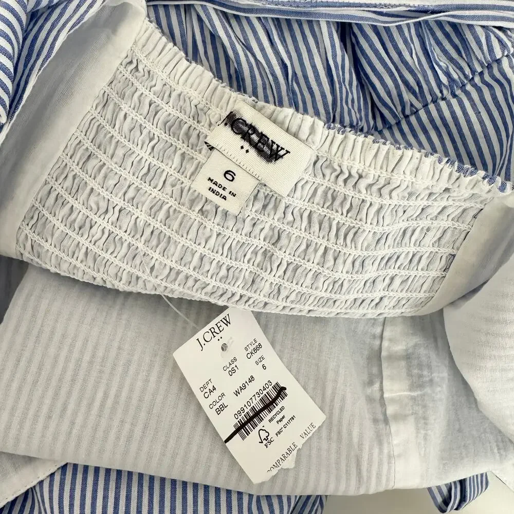 J.Crew Striped Sleeveless Belted Tiered Dress White Banker Blue Retro US 6 NWT